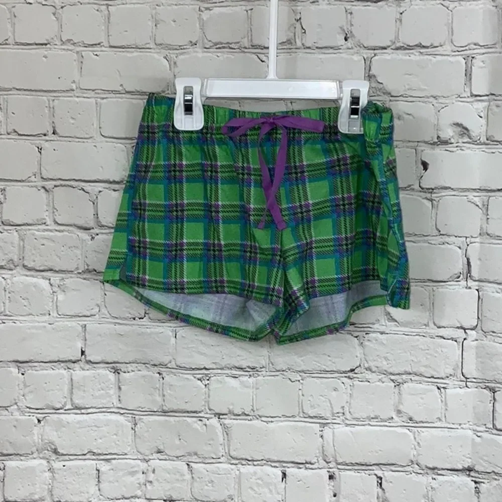 Justice 2pc Night Owl Pajama Set Girls Size 8 Navy Top Neon Green Plaid Short PJ